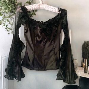 Black satin Morticia style corset top XS